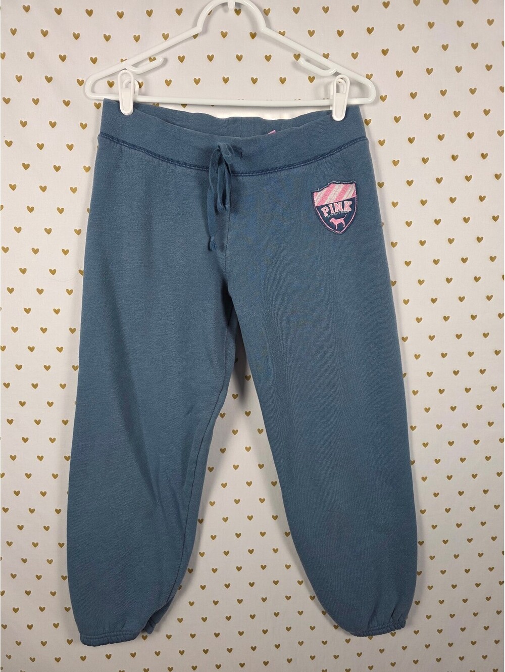 PINK Victoria's Secret Blue Track Joggers with Pink Logo Patch